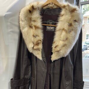 Dan Di Modes Womens Vtg Leather Jacket Fur Collar Long With Belt Sz 12 Trench